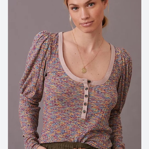 Anthropologie Puff-Sleeved Knit Henley Top S - Picture 1 of 11
